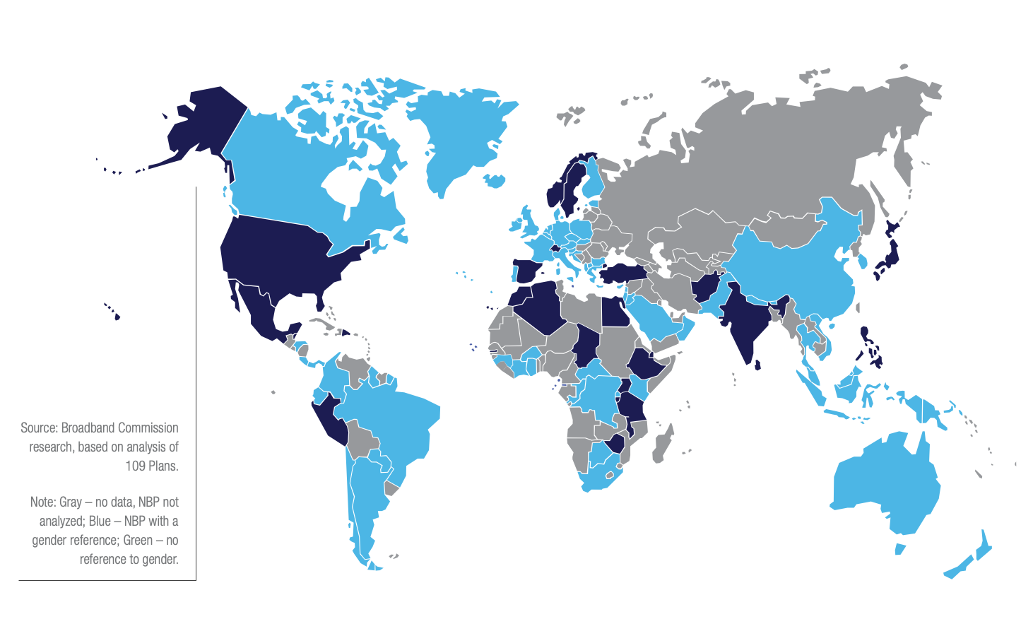 heat map demonstrating Inclusion of Gender in Countries' National Broadband Plans, from mid-2013